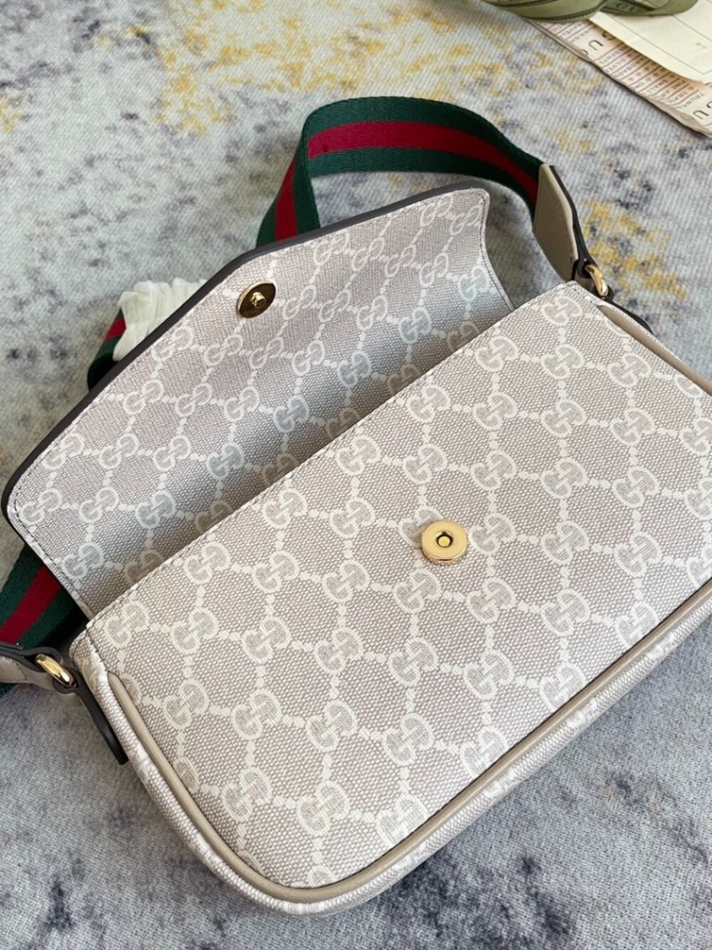 Gucci Ophidia Pochette White GG Canvas Crossbody-Beige - Picture 8 of 9
